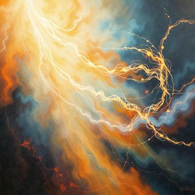 The primary subject of the image is a painting of a brightly colored, swirling, and dynamic scene. The setting is a dark background, which contrasts with the vibrant colors of the painting. The visual style is a mix of digital art and illustration, creating a unique and captivating artwork. The dominant colors are orange, blue, and yellow, which contribute to the energetic and lively atmosphere of the painting.
